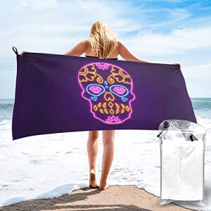 Serviette plage Tête de mort crâne violet fluo 80x160 cm